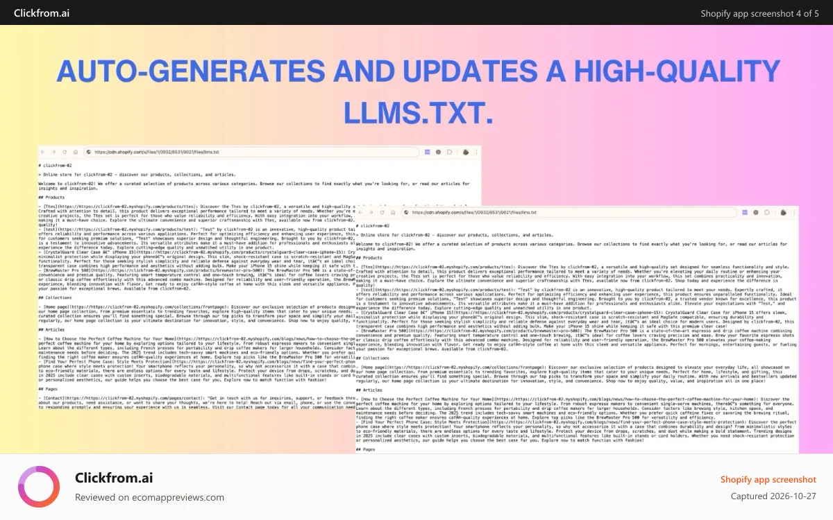 Clickfrom.ai Shopify app screenshot: Auto-generates and updates a high-quality llms.txt| clickfrom.ai