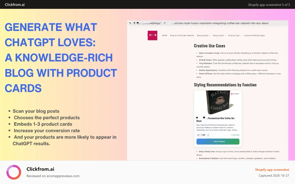 Clickfrom.ai Shopify app screenshot: Generate what Chatgpt loves: a knowledge‑rich blog with product