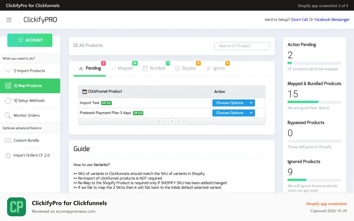 ClickifyPro for Clickfunnels Shopify app screenshot: Map imported product with Shopify products
