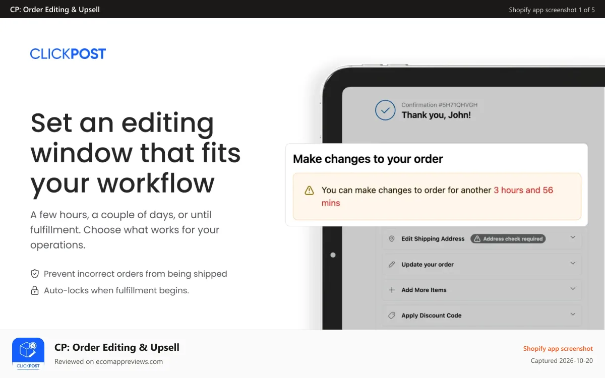 CP: Order Editing & Upsell Shopify app screenshot: order editing on thank you page with upsell & aftersell offers