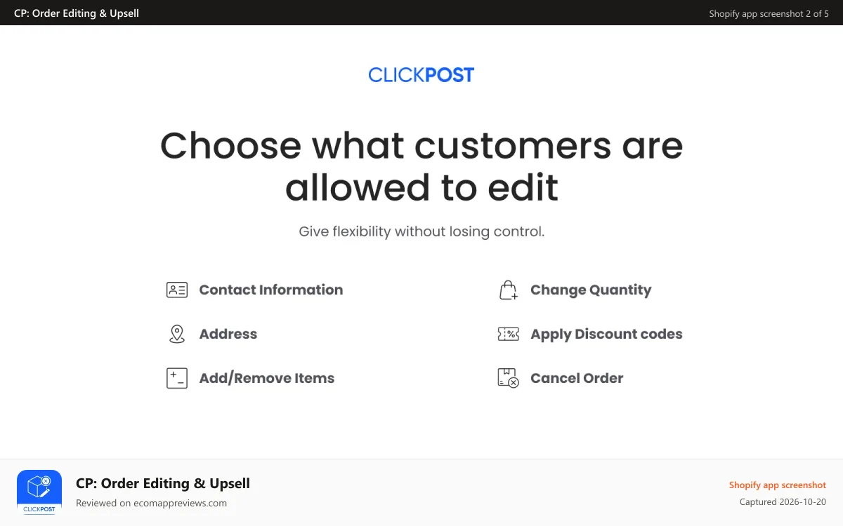 CP: Order Editing & Upsell Shopify app screenshot: edit address, edit orders or cancel order in a few clicks
