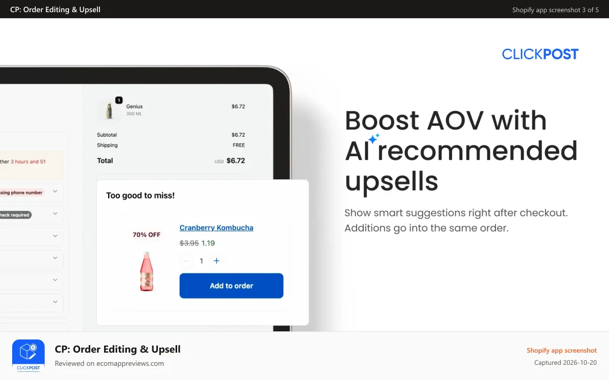 CP: Order Editing & Upsell Shopify app screenshot: edit orders with AI upsells & aftersell on order status page