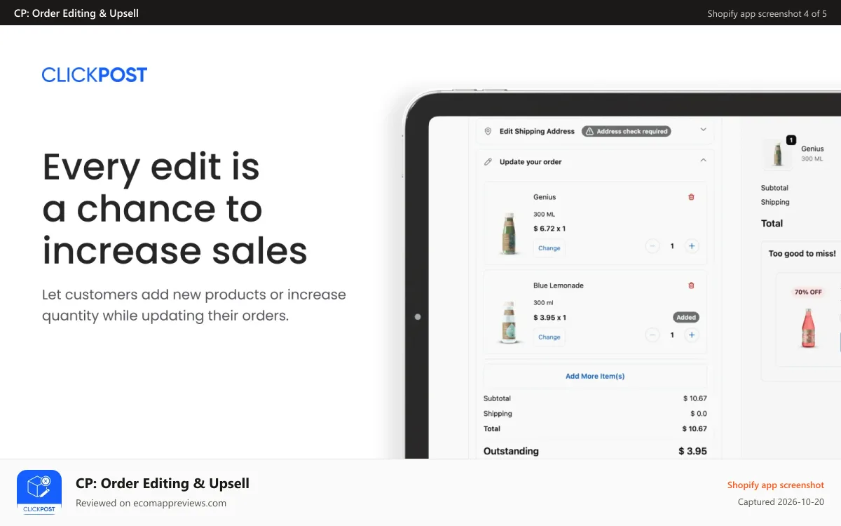 CP: Order Editing & Upsell Shopify app screenshot: order editing: edit orders, add items & upsell to grow revenue