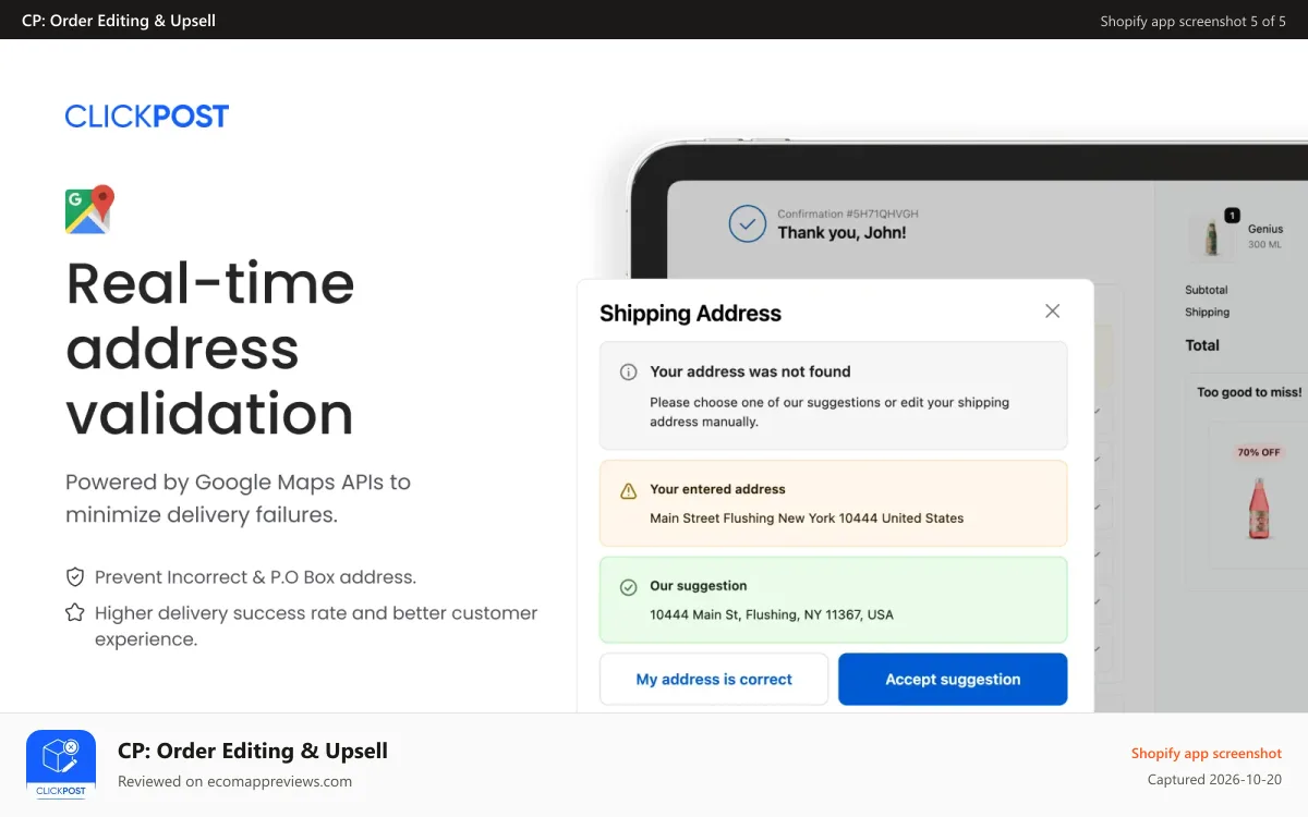 CP: Order Editing & Upsell Shopify app screenshot: update address or edit address with Google Maps validation