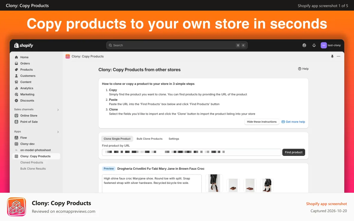 Clony: Copy Products Shopify app screenshot: Copy products to your own store in seconds