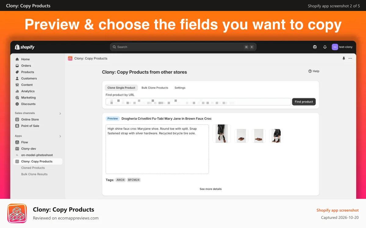 Clony: Copy Products Shopify app screenshot: Preview product details & choose the fields you want to copy