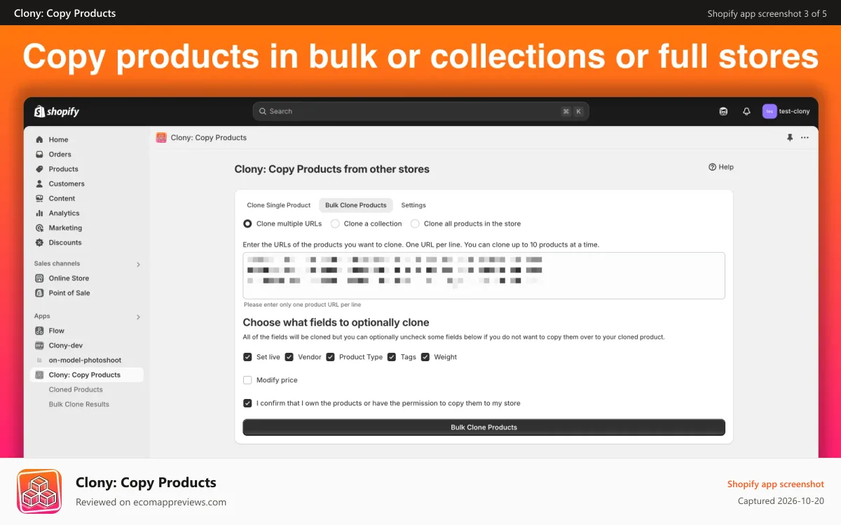 Clony: Copy Products Shopify app screenshot: Copy products in bulk or collections or full stores