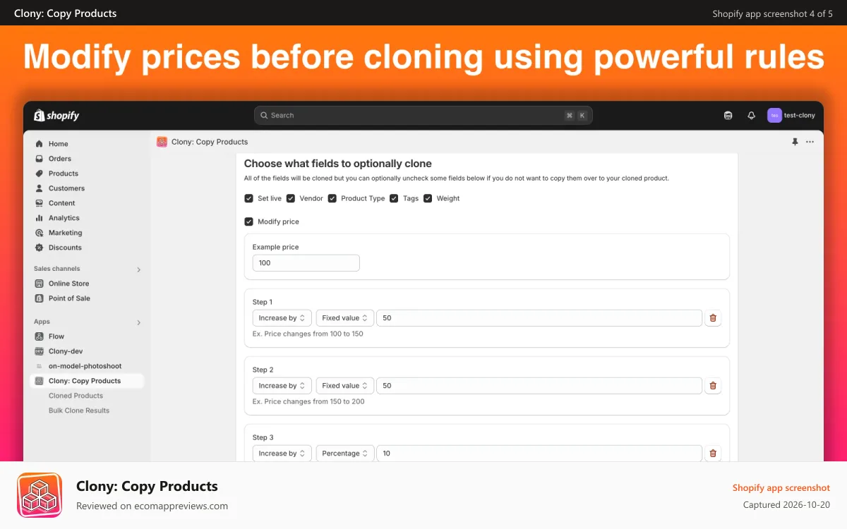 Clony: Copy Products Shopify app screenshot: Modify prices before cloning using powerful rules