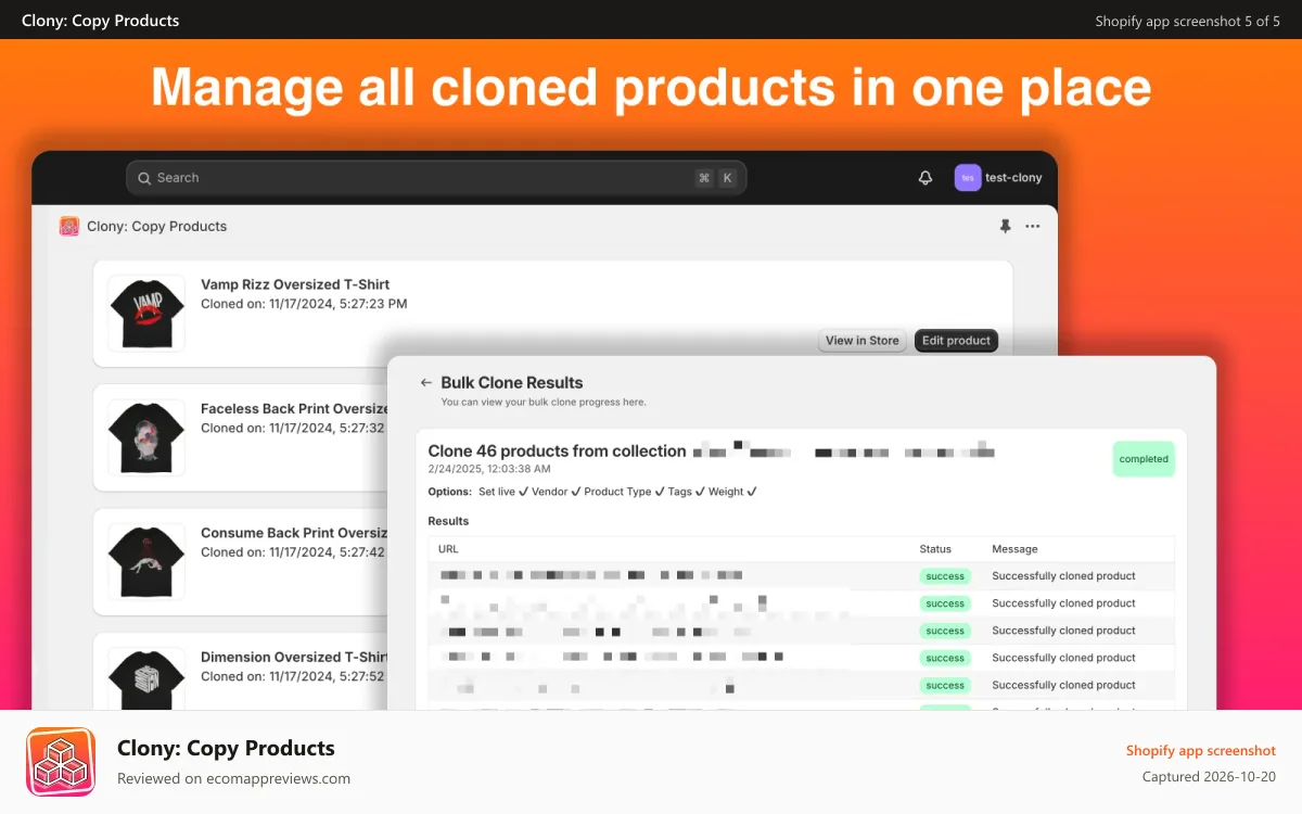 Clony: Copy Products Shopify app screenshot: Manage all cloned products in one place