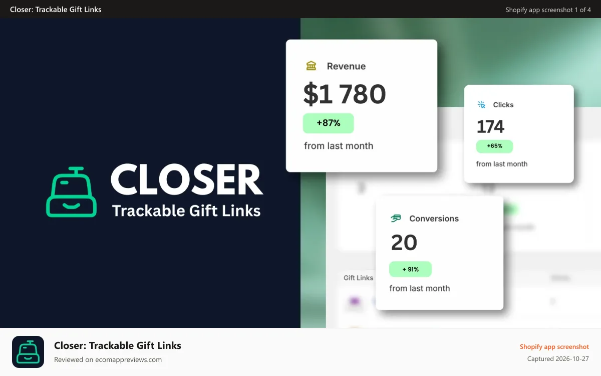 Closer: Trackable Gift Links Shopify app screenshot: preview of Closer app