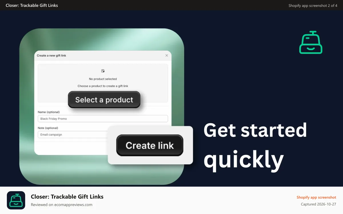 Closer: Trackable Gift Links Shopify app screenshot: get started quickly