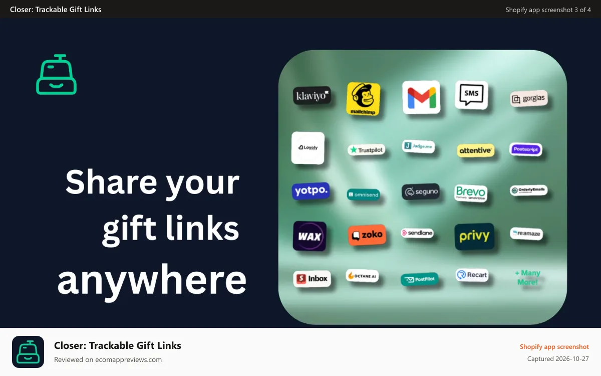 Closer: Trackable Gift Links Shopify app screenshot: Share your gift links anywhere