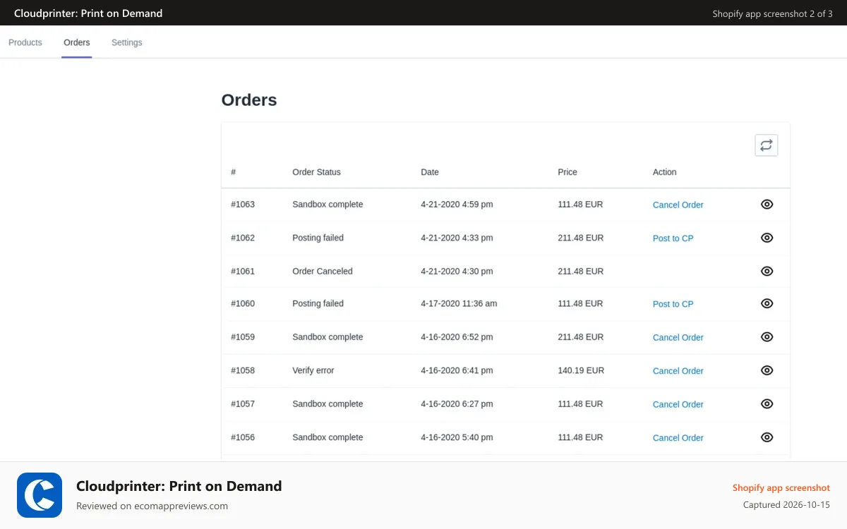 Cloudprinter: Print on Demand Shopify app screenshot: Order page