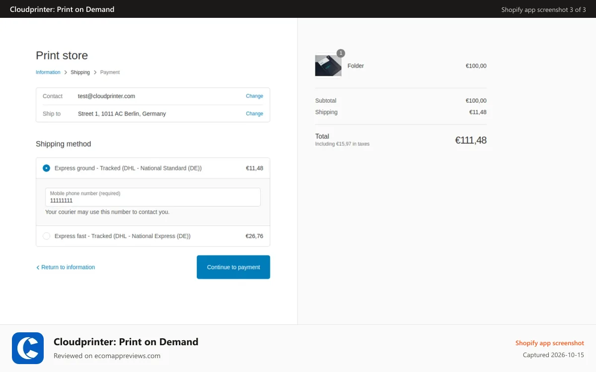 Cloudprinter: Print on Demand Shopify app screenshot: Cloudprinter shipping methods