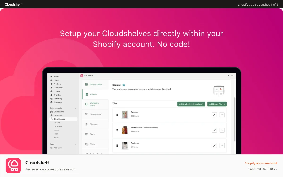 Cloudshelf Shopify app screenshot: Easy setup in Shopify admin