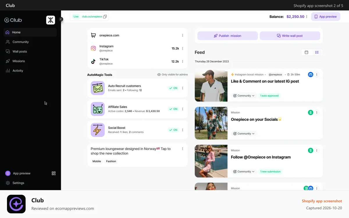 Club Shopify app screenshot: See your main stats at a glance