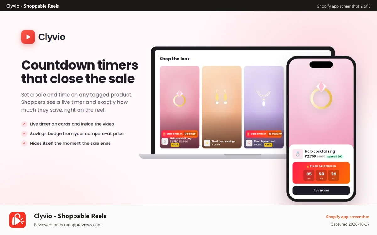 Clyvio ‑ Shoppable Reels Shopify app screenshot: Sale countdown timer and savings badge on shoppable video reels