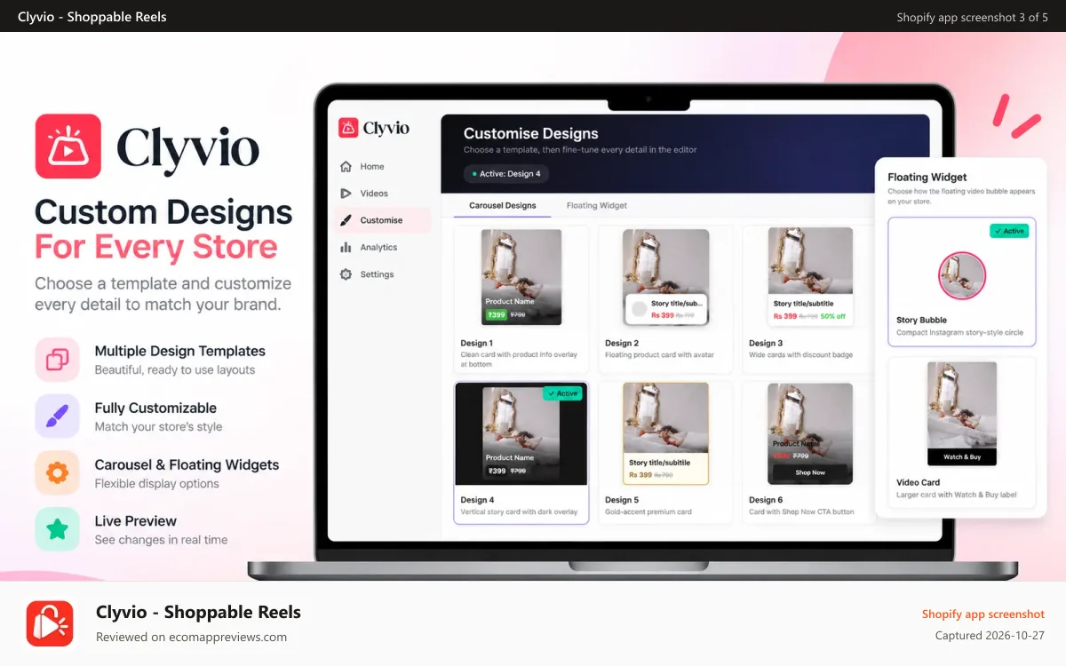 Clyvio ‑ Shoppable Reels Shopify app screenshot: Clyvio custom video design editor
