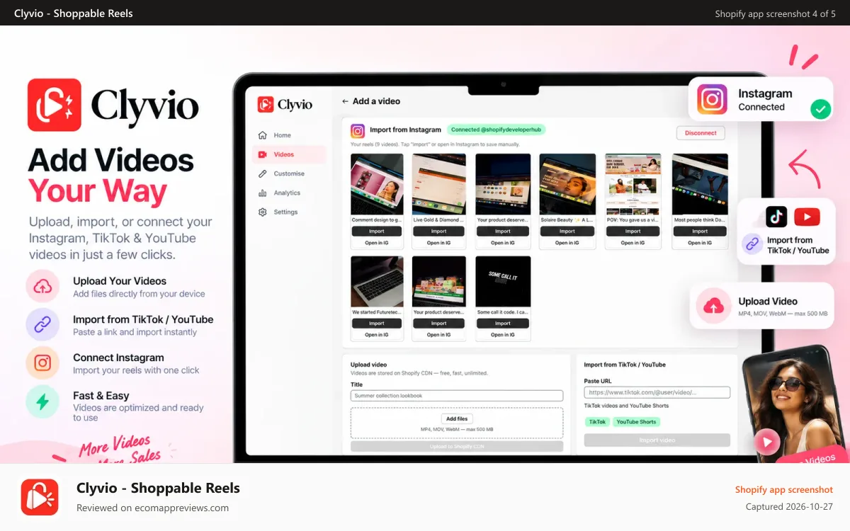 Clyvio ‑ Shoppable Reels Shopify app screenshot: Clyvio video import and upload
