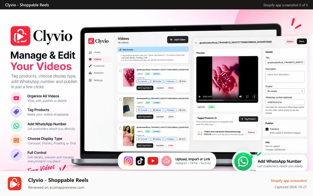 Clyvio ‑ Shoppable Reels Shopify app screenshot: Clyvio video management dashboard