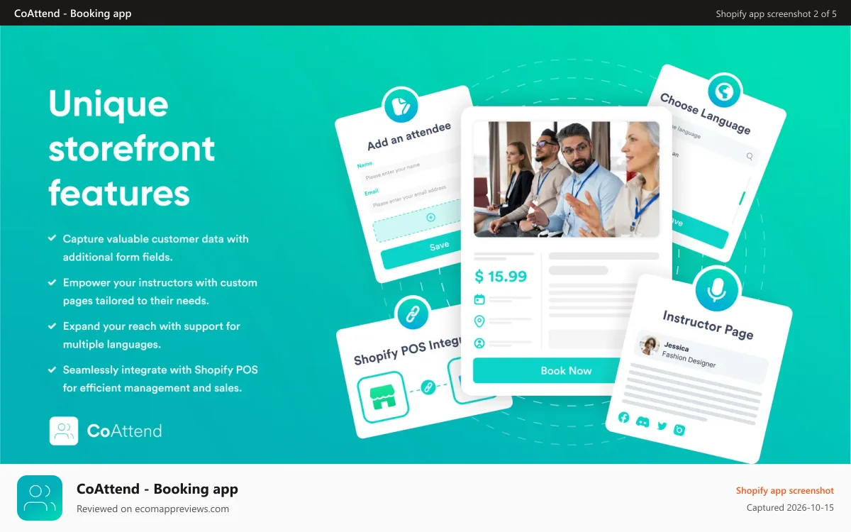 CoAttend ‑ Booking app Shopify app screenshot: Storefront features, multiple languages, instructor page, fields