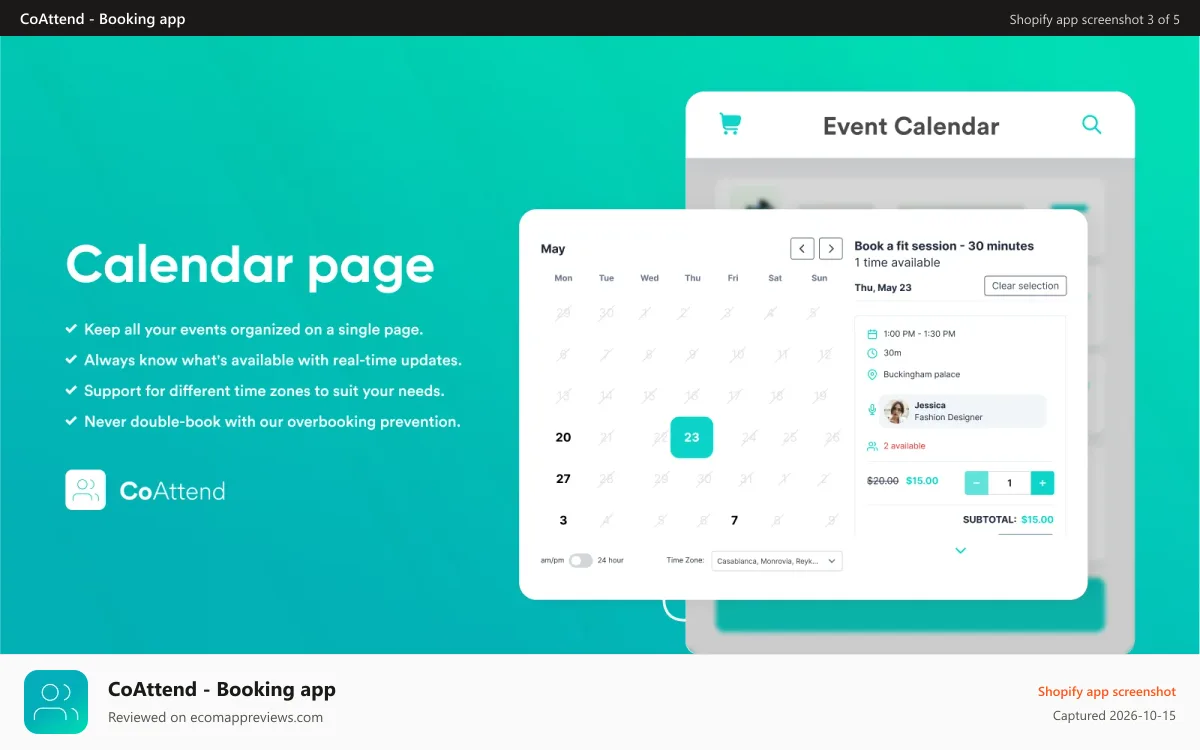 CoAttend ‑ Booking app Shopify app screenshot: Calendar with selectable timeslots and timezone support.