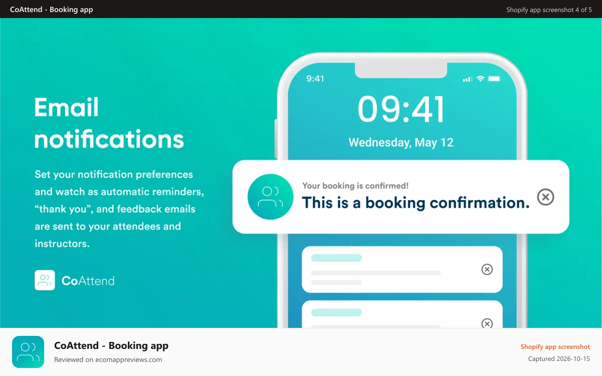 CoAttend ‑ Booking app Shopify app screenshot: Email notifications to attendees with customized templates..