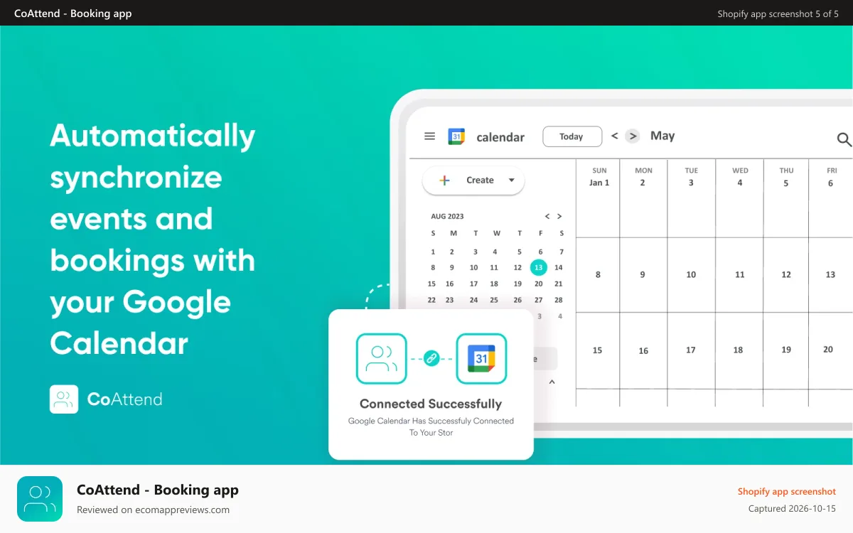 CoAttend ‑ Booking app Shopify app screenshot: Automatic sync of events and bookings with Google Calendar.