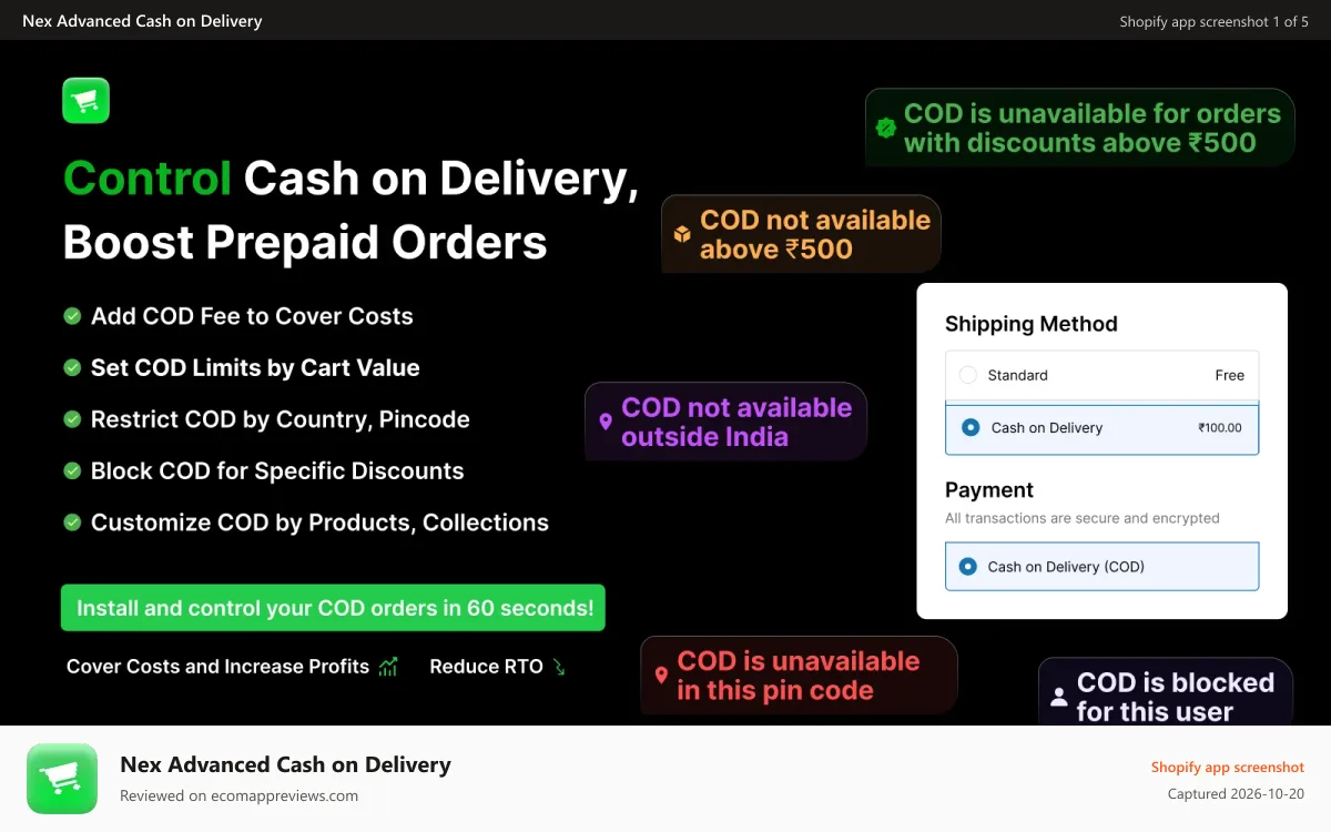 Nex Advanced Cash on Delivery Shopify app screenshot: Advanced cash on delivery app
