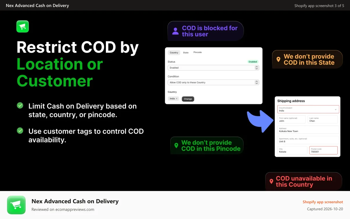 Nex Advanced Cash on Delivery Shopify app screenshot: cod with fee
