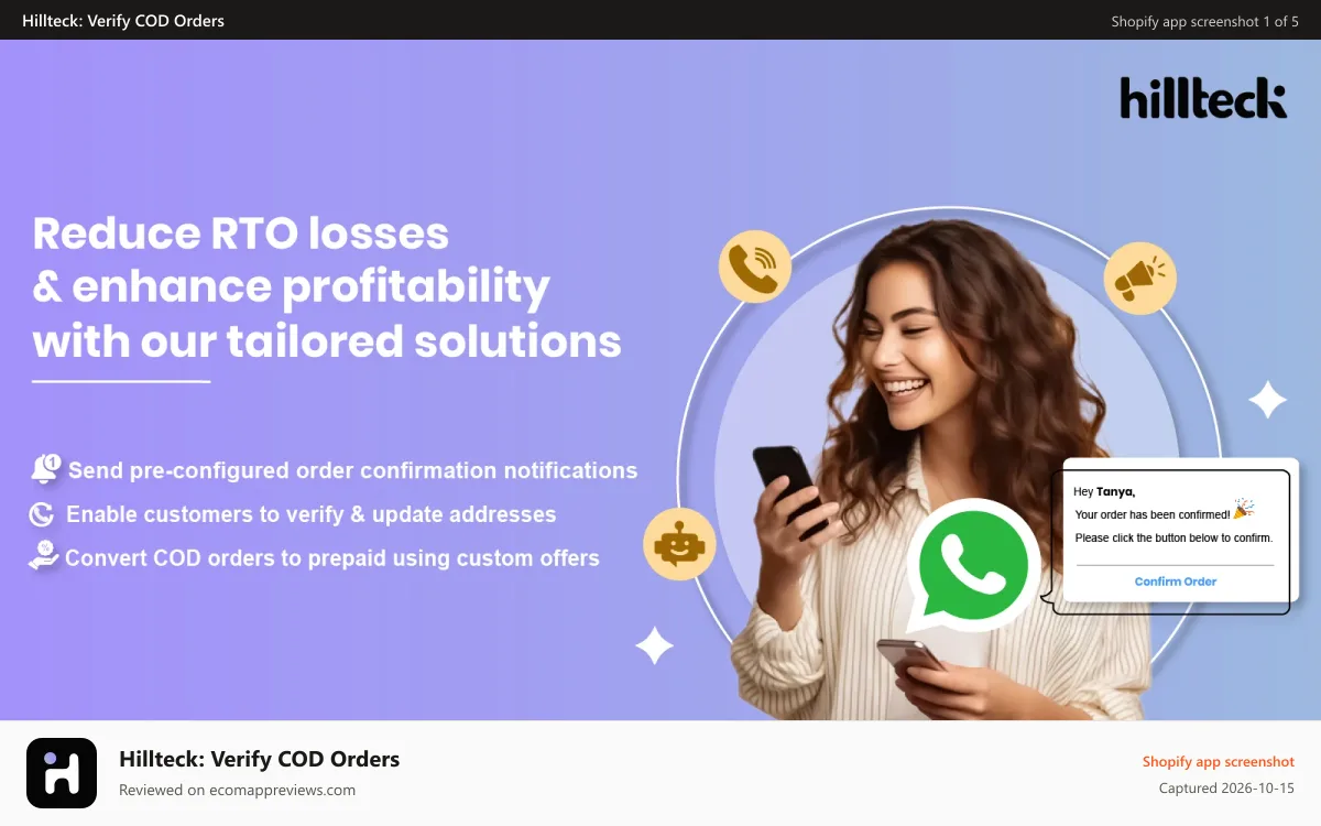 Hillteck: Verify COD Orders Shopify app screenshot: COD Order Verification