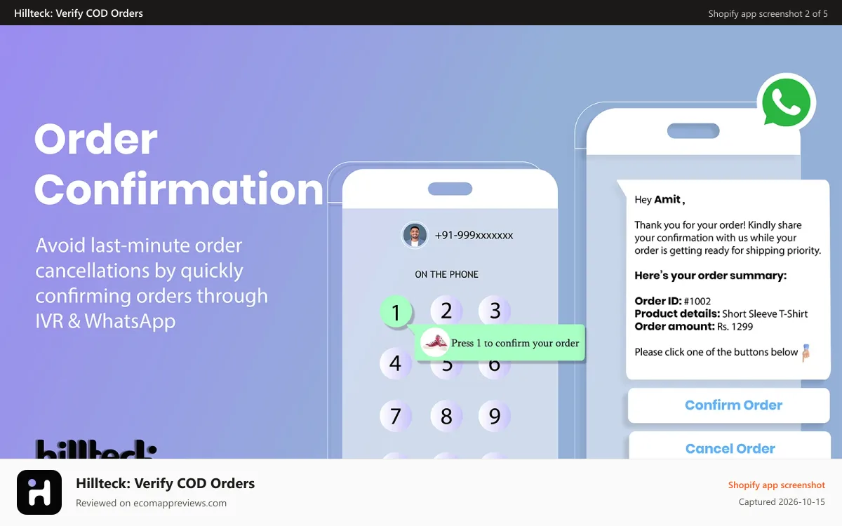 Hillteck: Verify COD Orders Shopify app screenshot: COD Order Verification