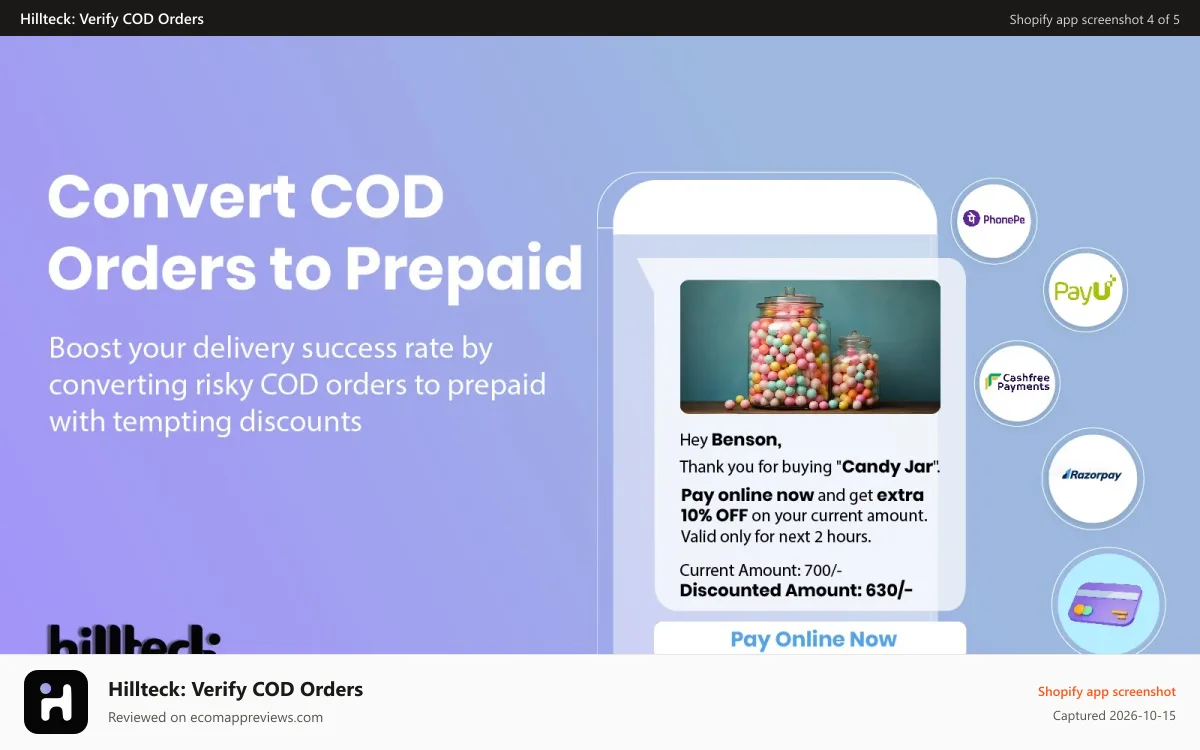 Hillteck: Verify COD Orders Shopify app screenshot: Convert COD Orders to Prepaid