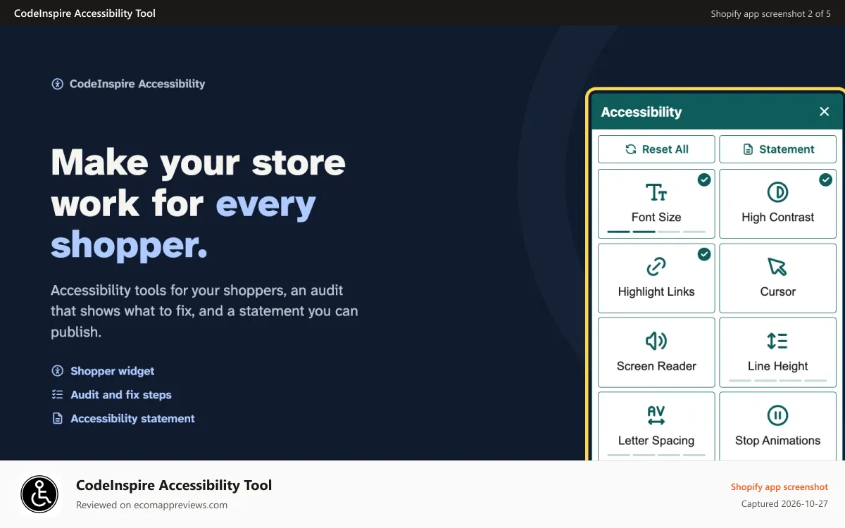 CodeInspire Accessibility Tool Shopify app screenshot: CodeInspire Accessibility Tool live preview on website