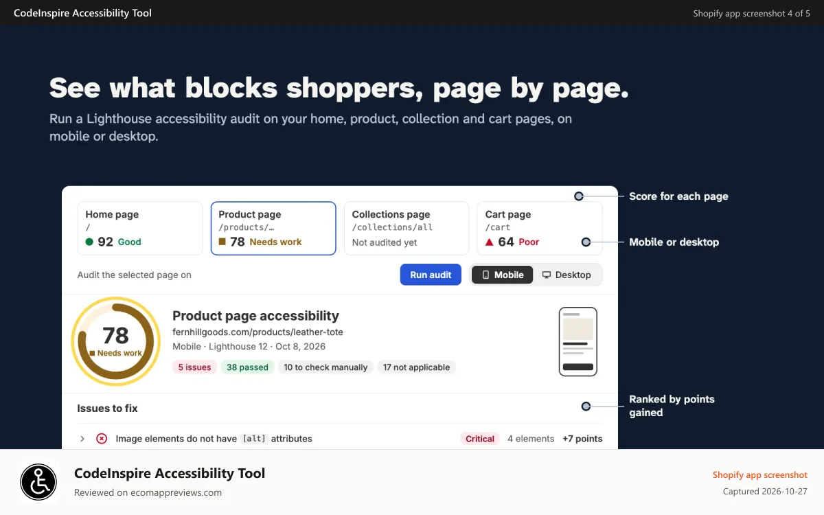 CodeInspire Accessibility Tool Shopify app screenshot: Accessibility app features and admin design