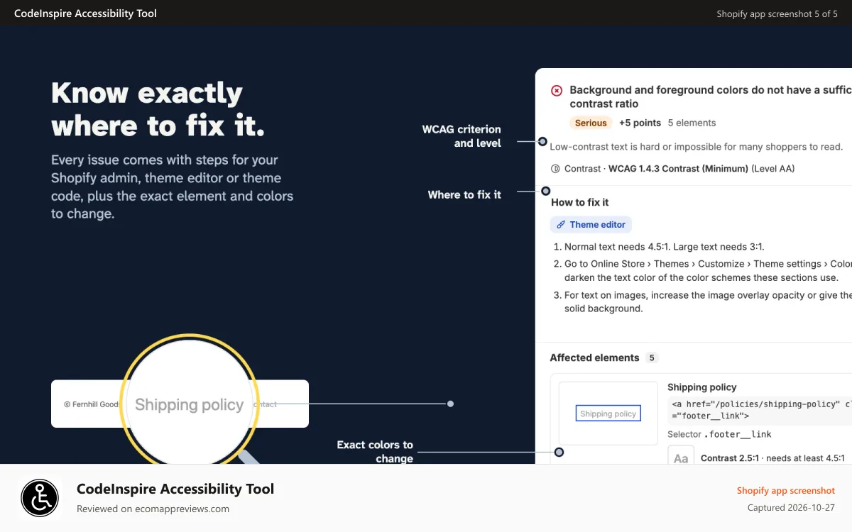 CodeInspire Accessibility Tool Shopify app screenshot: Accessibility app Customise your own color