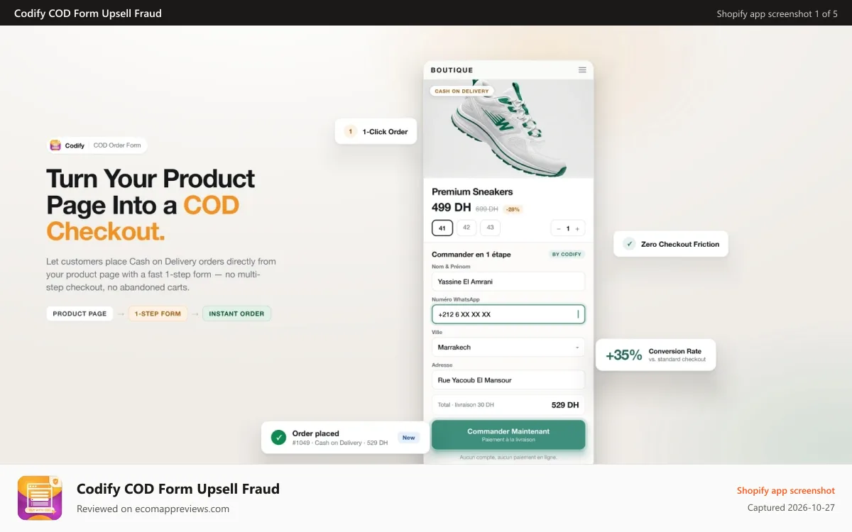 Codify COD Form Upsell Fraud Shopify app screenshot: Turn Your ProductPage Into a COD Checkout