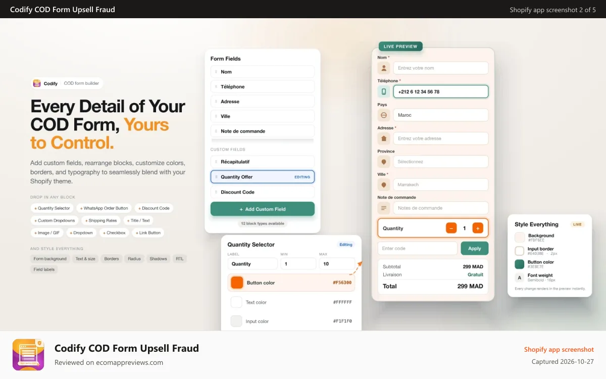 Codify COD Form Upsell Fraud Shopify app screenshot: Build beautiful COD forms with our drag & drop editor.