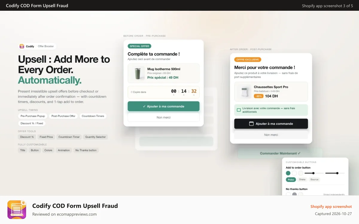 Codify COD Form Upsell Fraud Shopify app screenshot: Upsell : Add More to Every Order. Automatically.