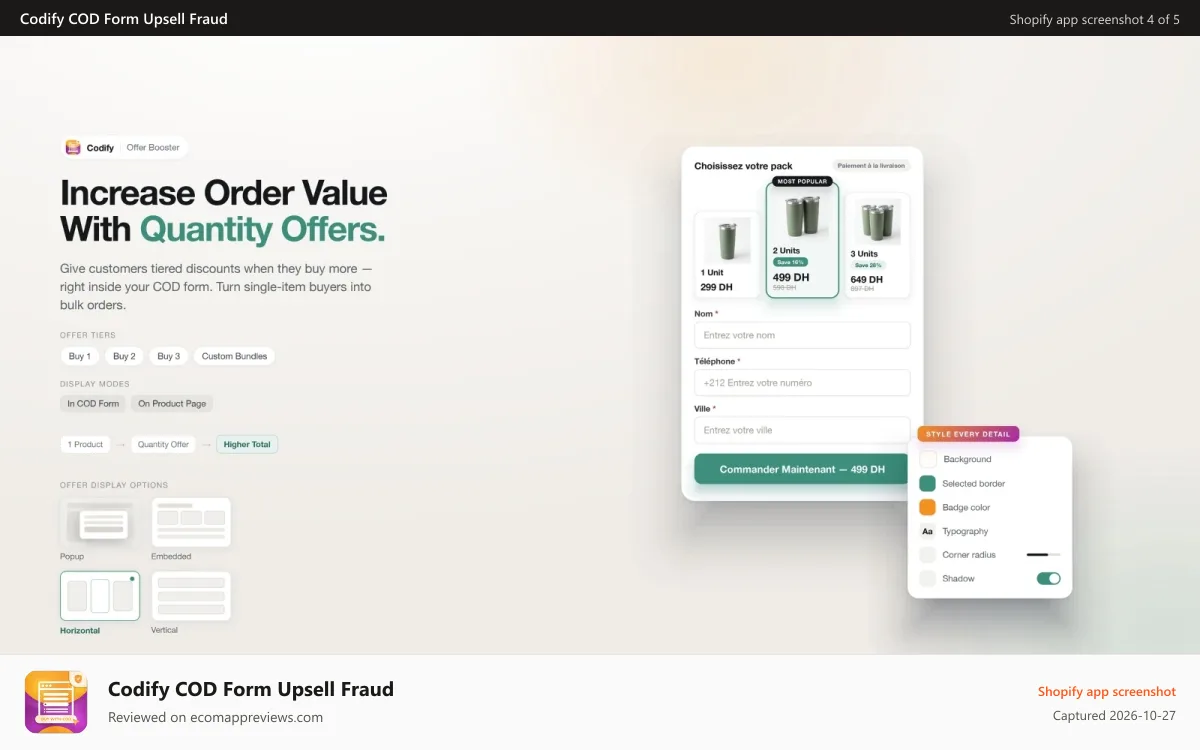 Codify COD Form Upsell Fraud Shopify app screenshot: Increase Order Value MOST POPULAR With Quantity Offers
