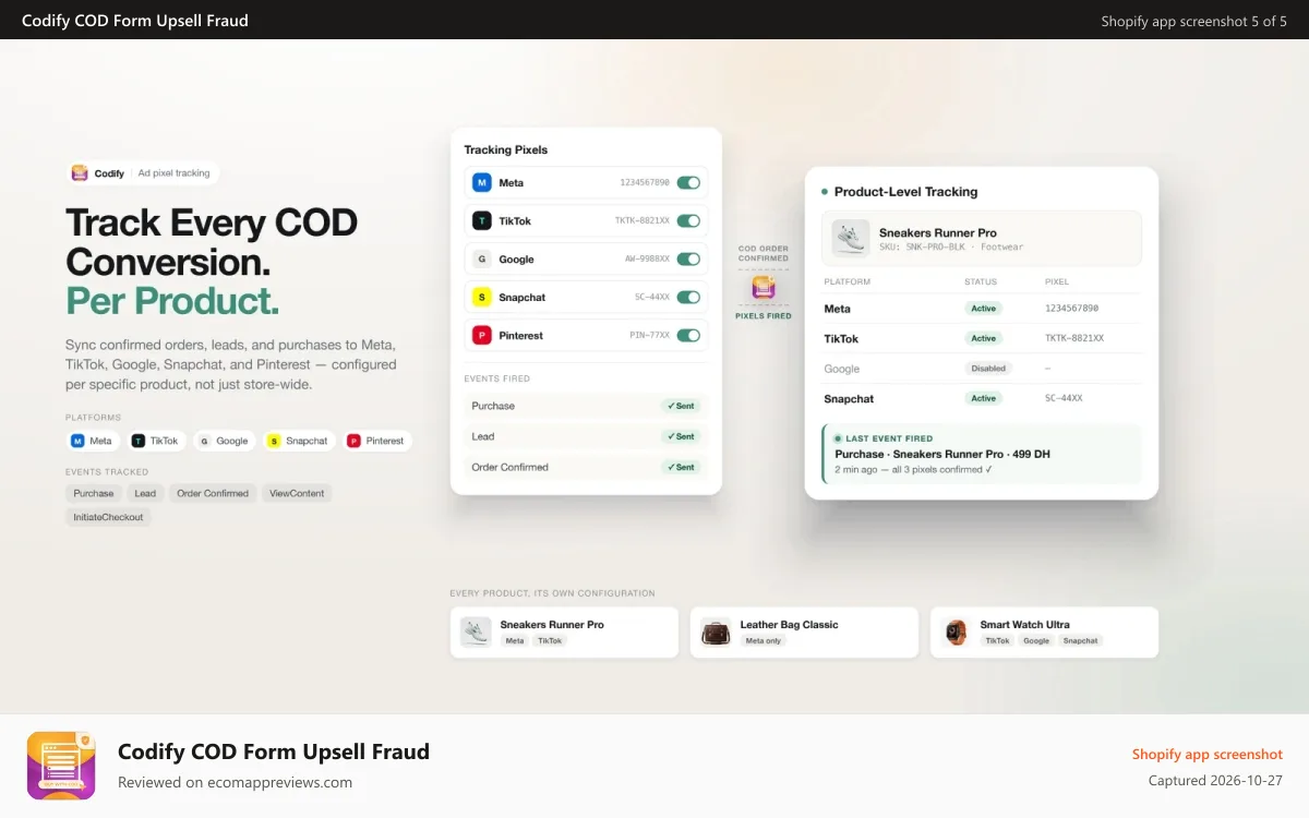 Codify COD Form Upsell Fraud Shopify app screenshot: Sync purchase events to Meta, TikTok, and Google pixels.