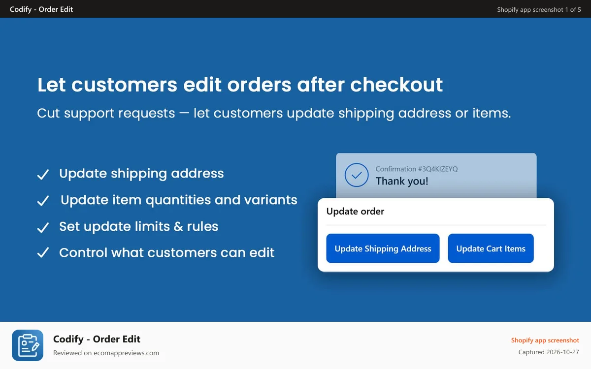 Codify ‑ Order Edit Shopify app screenshot: Shopify app for post-purchase order editing with widget