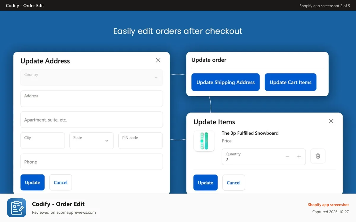 Codify ‑ Order Edit Shopify app screenshot: Shopify order edit widget with address and items update popup