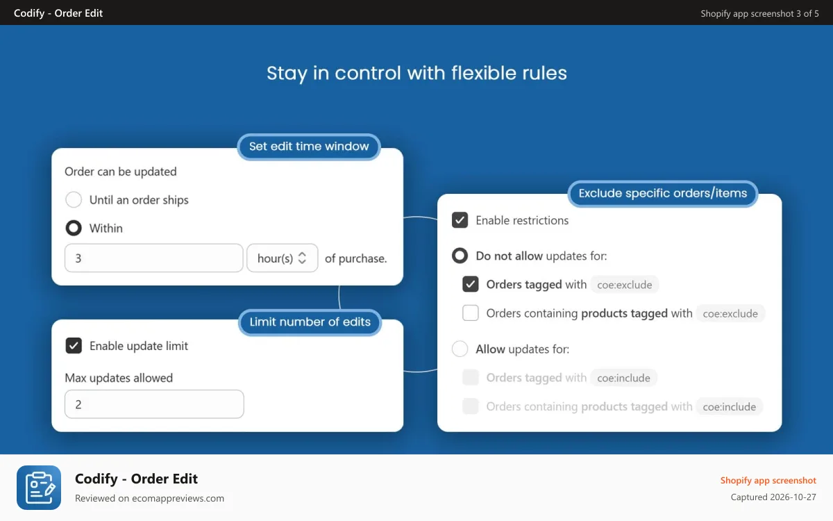 Codify ‑ Order Edit Shopify app screenshot: Set Shopify order edit time window, limits, and restrictions
