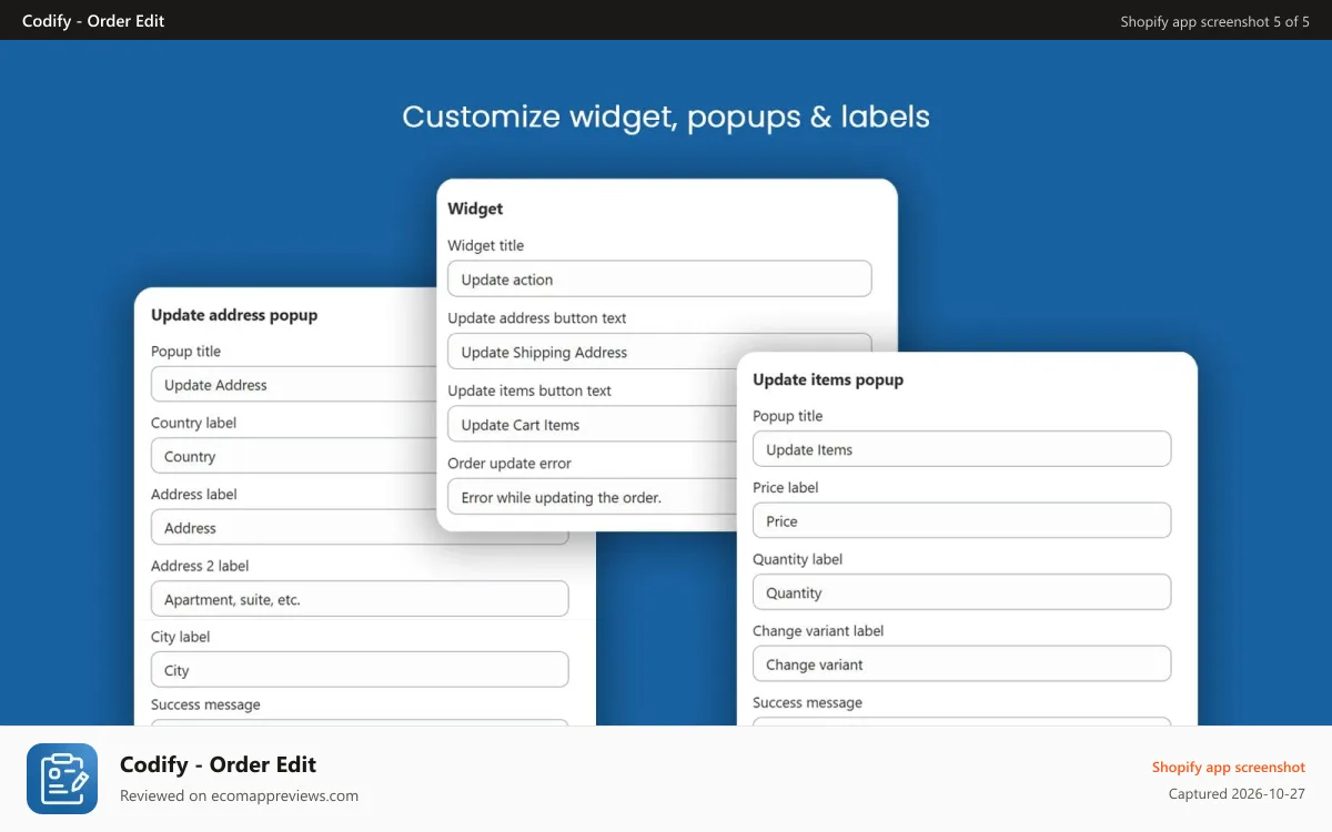 Codify ‑ Order Edit Shopify app screenshot: Shopify order edit app label and text customization