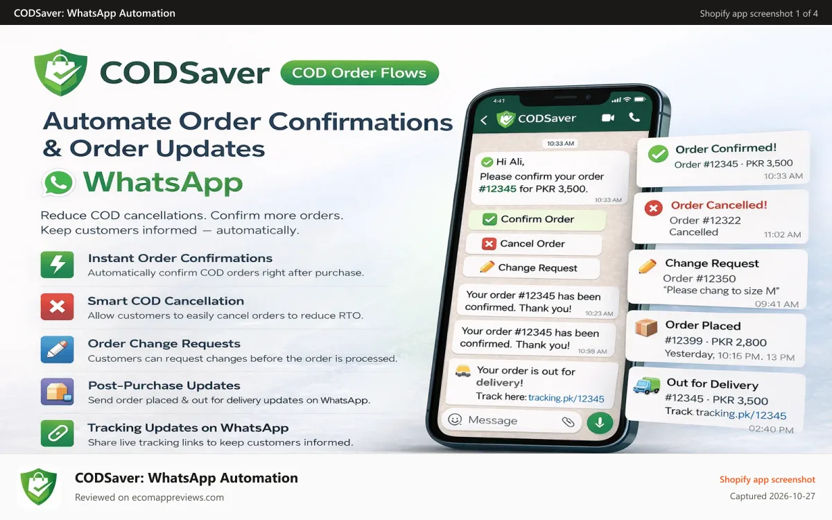 CODSaver: WhatsApp Automation Shopify app screenshot: Featured Image
