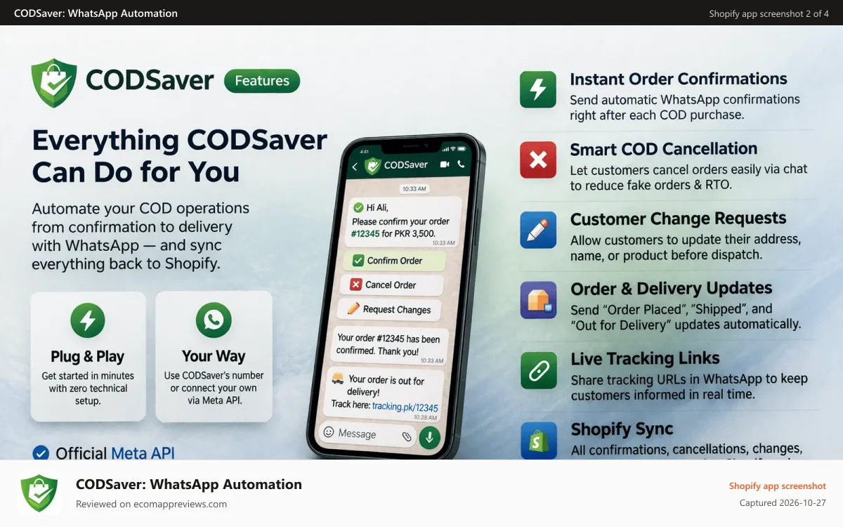 CODSaver: WhatsApp Automation Shopify app screenshot: features