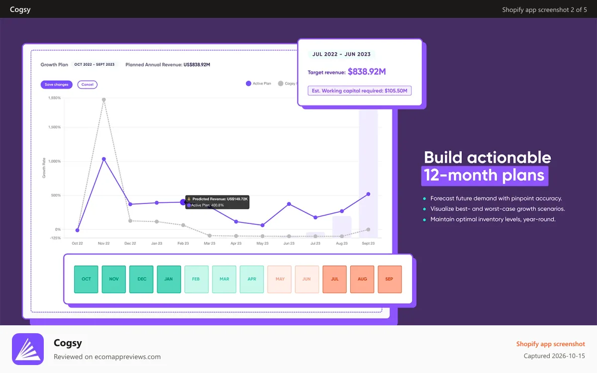 Cogsy Shopify app screenshot: Build actionable 12-month plans