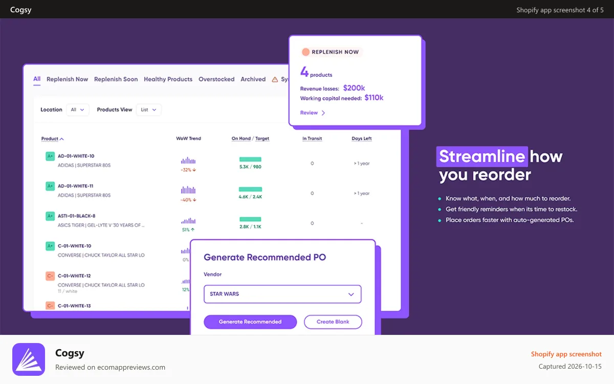 Cogsy Shopify app screenshot: Streamline your replenishment process