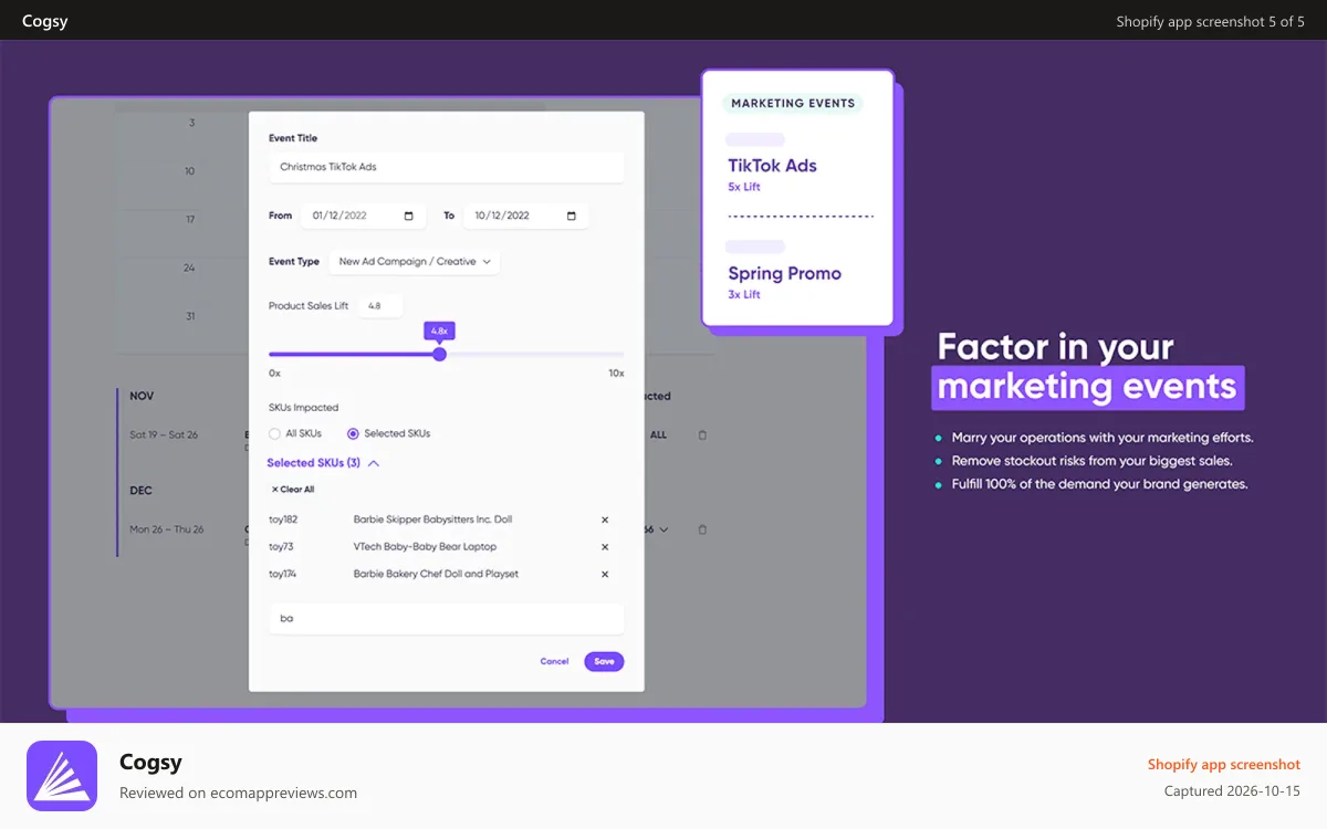 Cogsy Shopify app screenshot: Factor in your marketing events
